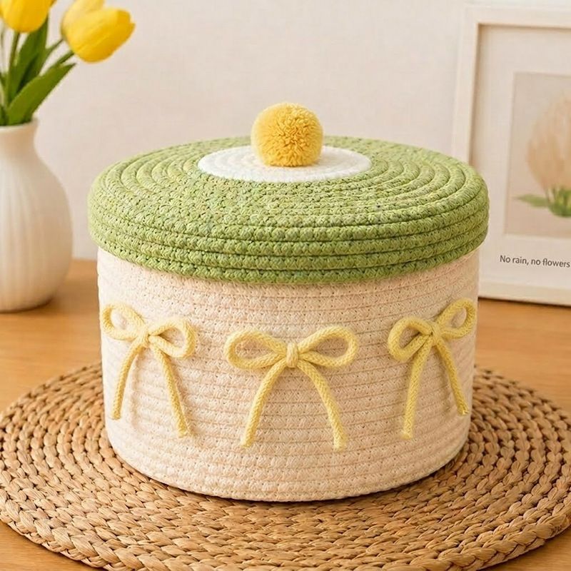 Cute Cotton Rope Woven Storage Basket with Lid, Decorative Desktop Organizer Box for Cosmetics & Sundries, Cream Base with Green Lid & Pale Yellow Bowknot