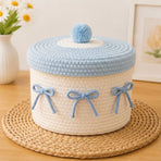 Cute Cotton Rope Woven Storage Basket with Lid, Decorative Desktop Organizer Box for Cosmetics & Sundries, Cream Base with Blue Lid & Blue Bowknot