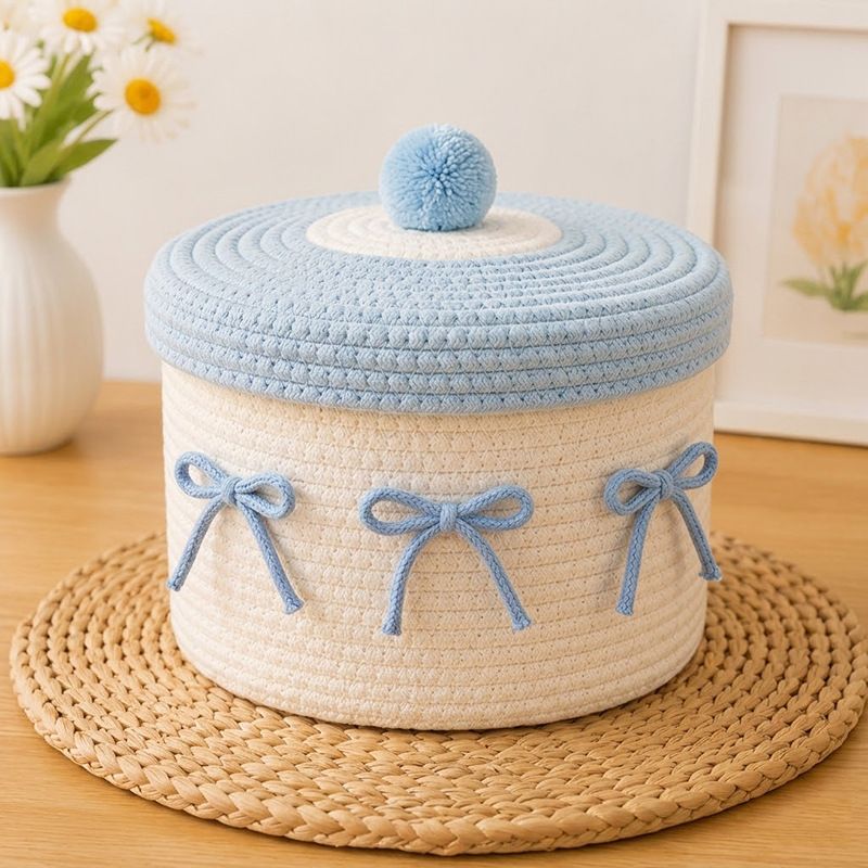 Cute Cotton Rope Woven Storage Basket with Lid, Decorative Desktop Organizer Box for Cosmetics & Sundries, Cream Base with Blue Lid & Blue Bowknot