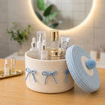 Cute Cotton Rope Woven Storage Basket with Lid, Decorative Desktop Organizer Box for Cosmetics & Sundries, Cream Base with Blue Lid & Blue Bowknot