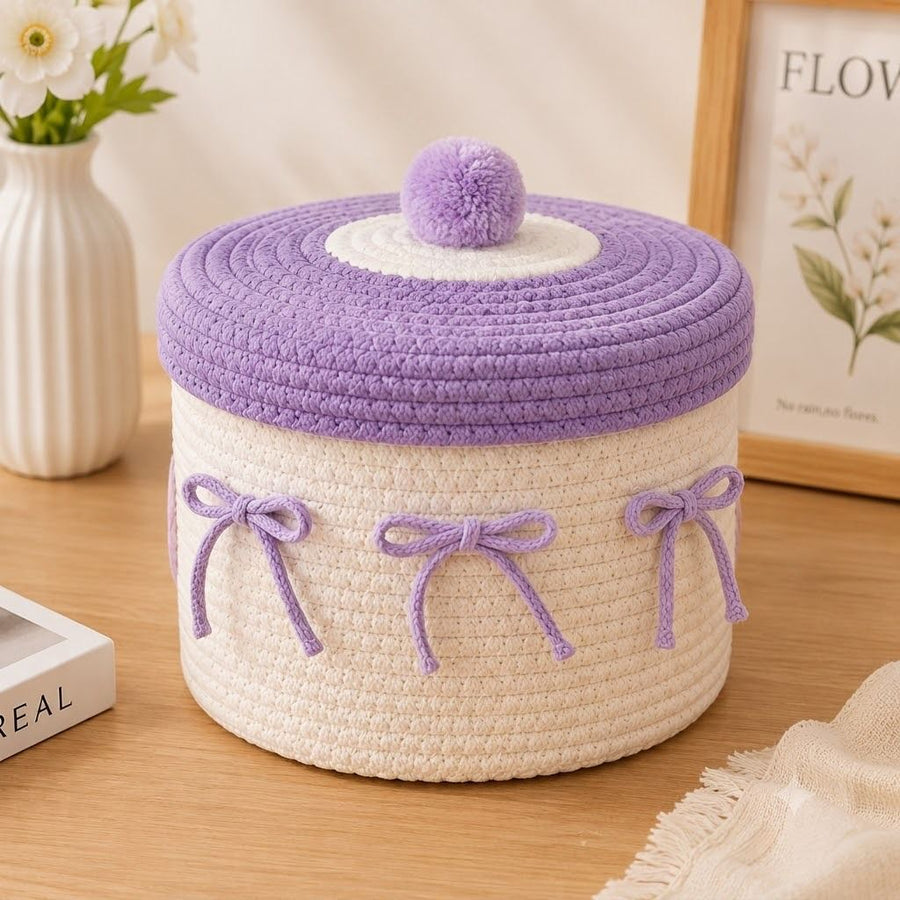Cute Cotton Rope Woven Storage Basket with Lid, Decorative Desktop Organizer Box for Cosmetics & Sundries, Cream Base with Purple Lid & Purple Bowknot