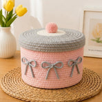 Cute Cotton Rope Woven Storage Basket with Lid, Decorative Desktop Organizer Box for Cosmetics & Sundries, Pink Base with Grey Lid & Grey Bowknot
