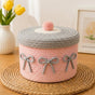 Cute Cotton Rope Woven Storage Basket with Lid, Decorative Desktop Organizer Box for Cosmetics & Sundries, Pink Base with Grey Lid & Grey Bowknot