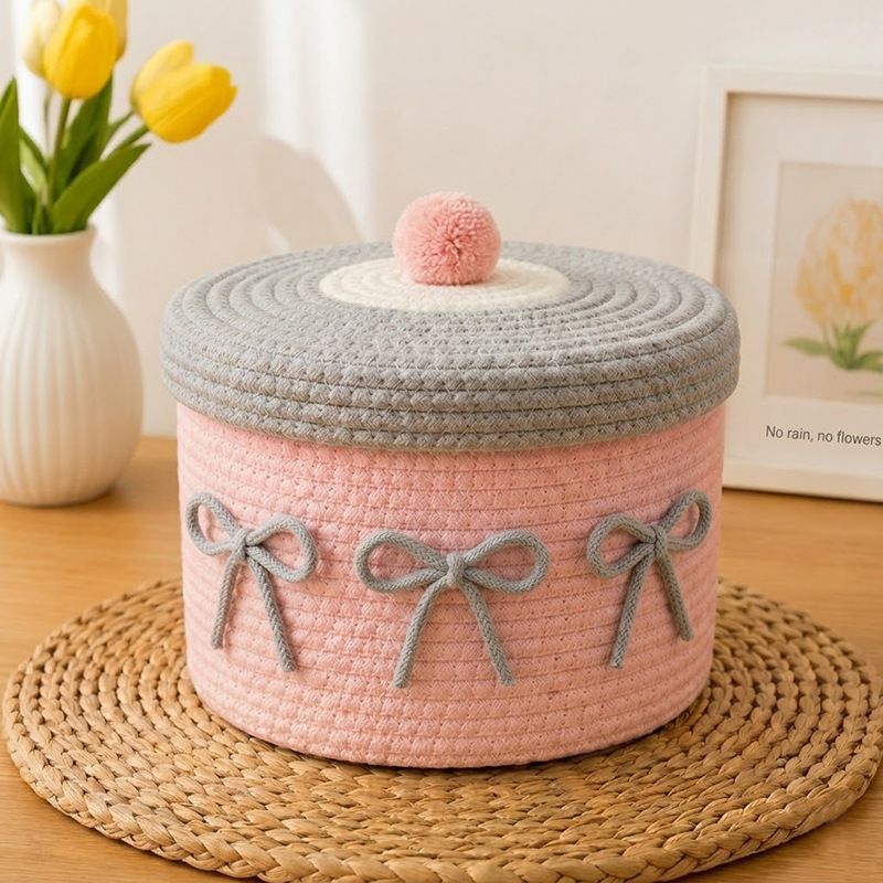 Cute Cotton Rope Woven Storage Basket with Lid, Decorative Desktop Organizer Box for Cosmetics & Sundries, Pink Base with Grey Lid & Grey Bowknot