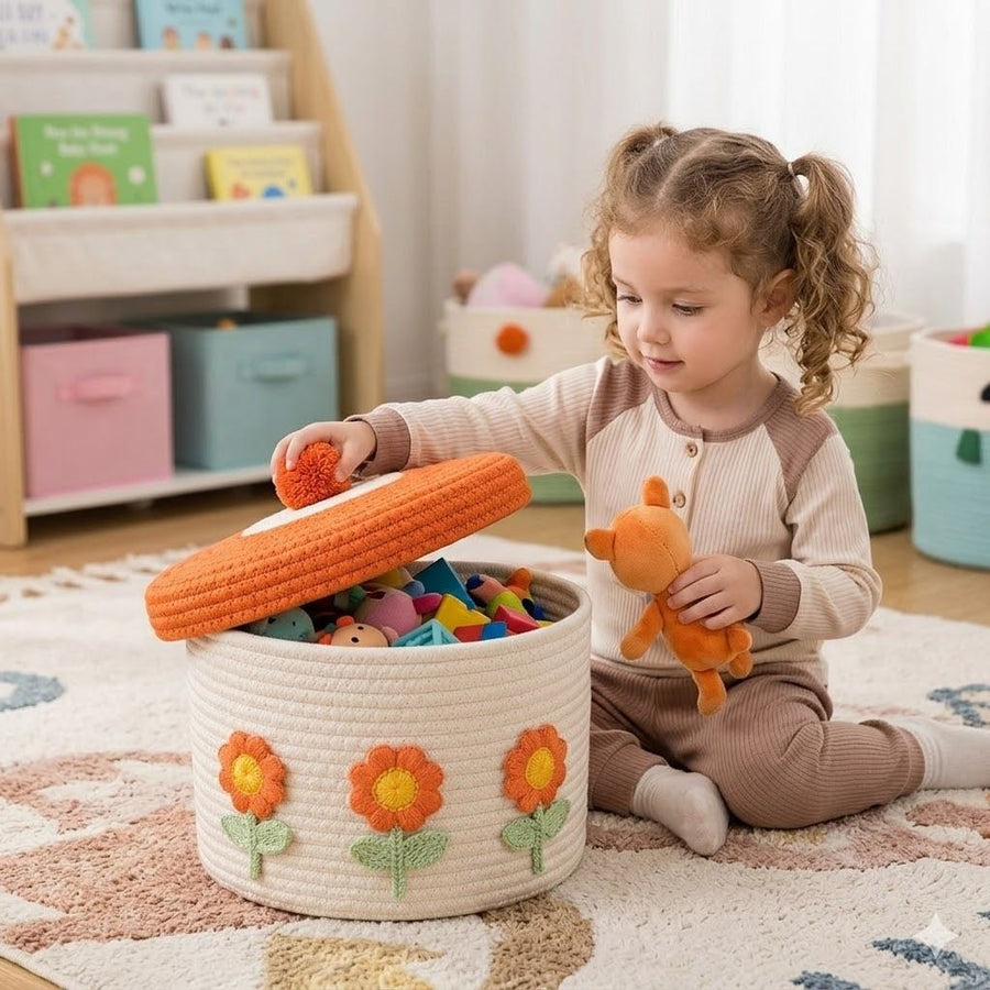 Cute Cotton Rope Woven Storage Basket with Lid, Decorative Desktop Organizer Box for Cosmetics & Sundries, Pink Base with Grey Lid & Grey Bowknot
