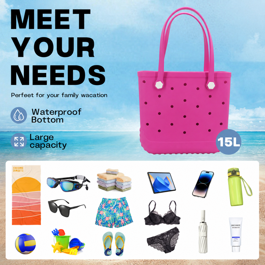 Waterproof Hexagon Mesh Beach Bag - Large Capacity Travel Storage Tote for Swimwear Towel Sunglasses - Rose Red Medium 37x32x13cm