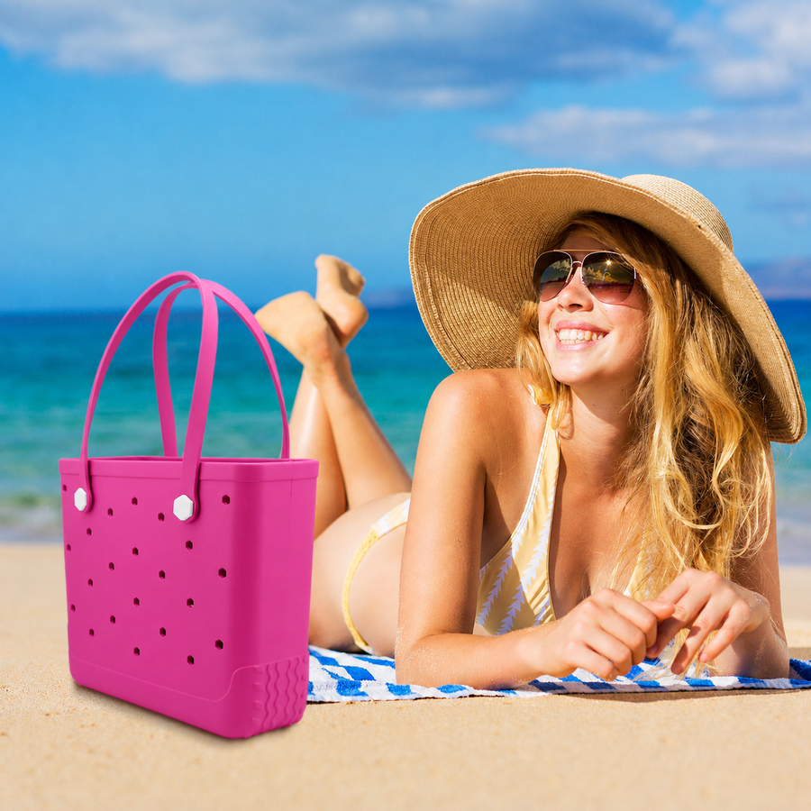 Waterproof Hexagon Mesh Beach Bag - Large Capacity Travel Storage Tote for Swimwear Towel Sunglasses - Rose Red Medium 37x32x13cm