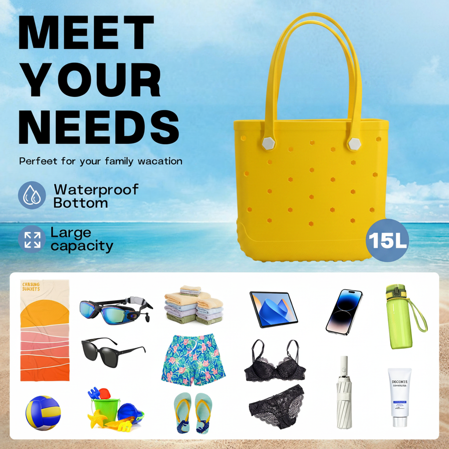 Waterproof Hexagon Mesh Beach Bag - Large Capacity Travel Storage Tote for Swimwear Towel Sunglasses - Yellow Medium 37x32x13cm