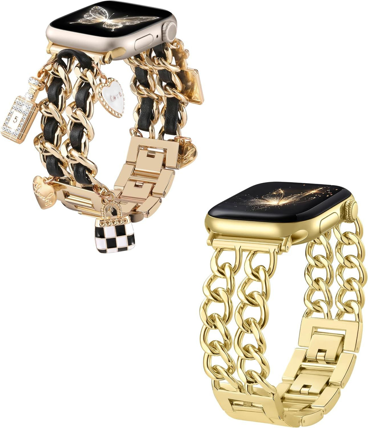 Gold Band Compatible with Apple Watch Bands for Women 40mm 42mm 38mm 41mm 44mm 45mm 46mm, Metal Double Chain Link Design Bracelet Replacement for iWatch Series 11 10 9 8 7 6 5 4 3 2 1(No Case)
