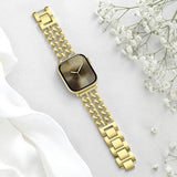 Gold Band Compatible with Apple Watch Bands for Women 40mm 42mm 38mm 41mm 44mm 45mm 46mm, Metal Double Chain Link Design Bracelet Replacement for iWatch Series 11 10 9 8 7 6 5 4 3 2 1(No Case) - Close-Up Angle