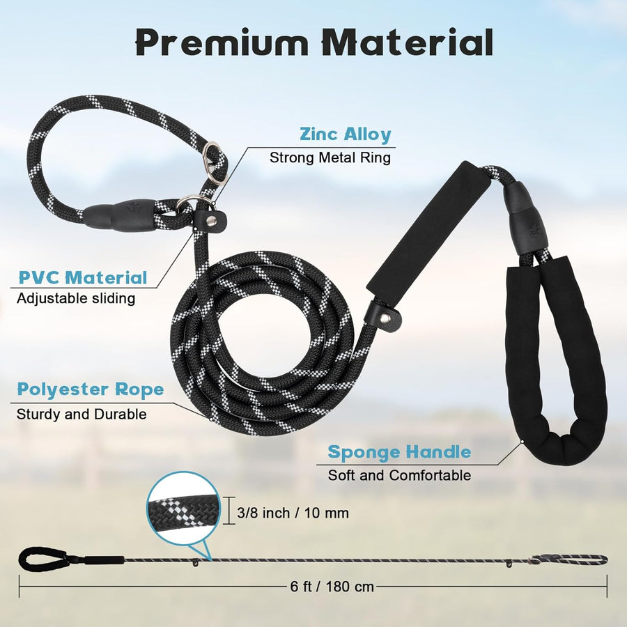 Dog Leash 6 FT with Comfortable Padded Handle, Training Loop Leash with Highly Reflective Threading for Medium Dogs, Black