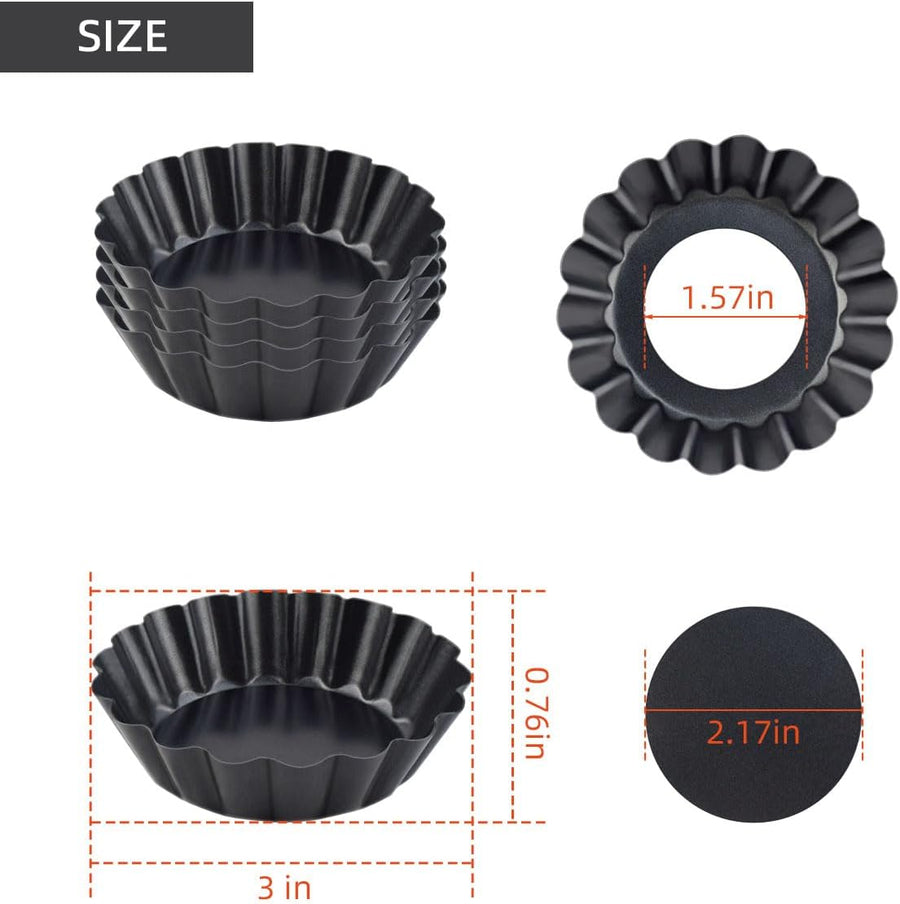 4 Pack Tart Pans Tortilla Pan Set Mini Molds Carbon Steel Taco Shell for Baking 3 Inch Salad Bowl Maker with Removable Bottom NonStick Fluted Side Quiche Cakes Pies (Black)