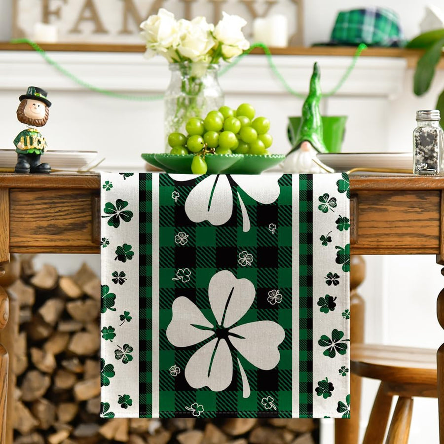 Green Clover Buffalo Plaid Shamrocks St.Patrick's Day Table Runner, Seasonal Kitchen Dining Table Decoration for Indoor Home Party 13x72 Inch