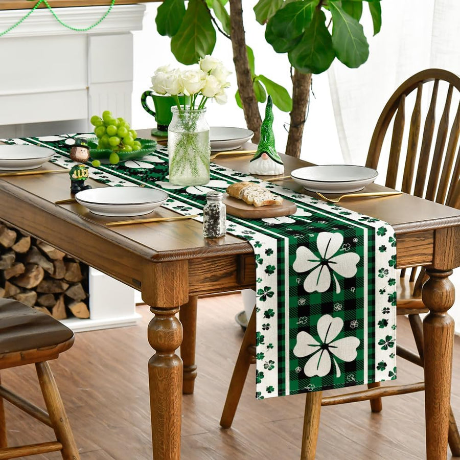 Green Clover Buffalo Plaid Shamrocks St.Patrick's Day Table Runner, Seasonal Kitchen Dining Table Decoration for Indoor Home Party 13x72 Inch