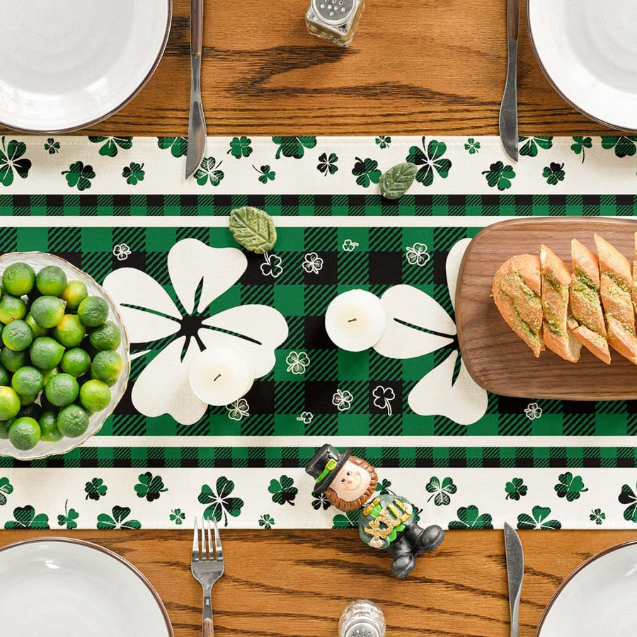Green Clover Buffalo Plaid Shamrocks St.Patrick's Day Table Runner, Seasonal Kitchen Dining Table Decoration for Indoor Home Party 13x72 Inch