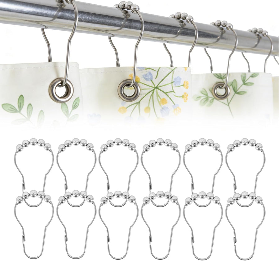 12 Shower Curtain Hooks, Suitable for Bathroom Shower rods for Rust-Proof Decorative Stainless Steel Shower Curtain Hooks, Silver