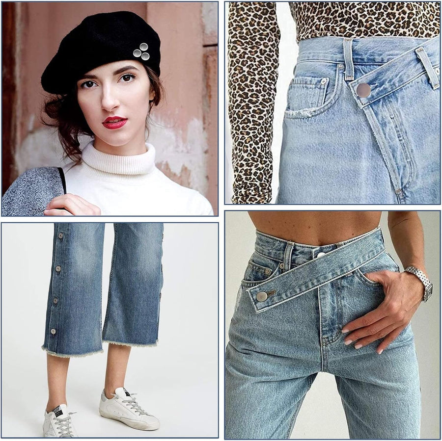 12 Sets Button Pins for Jeans, No Sew Jean Buttons Replacement,Removable Adjustable Instant Extender or Reduce Any Pants Waist (Silver)