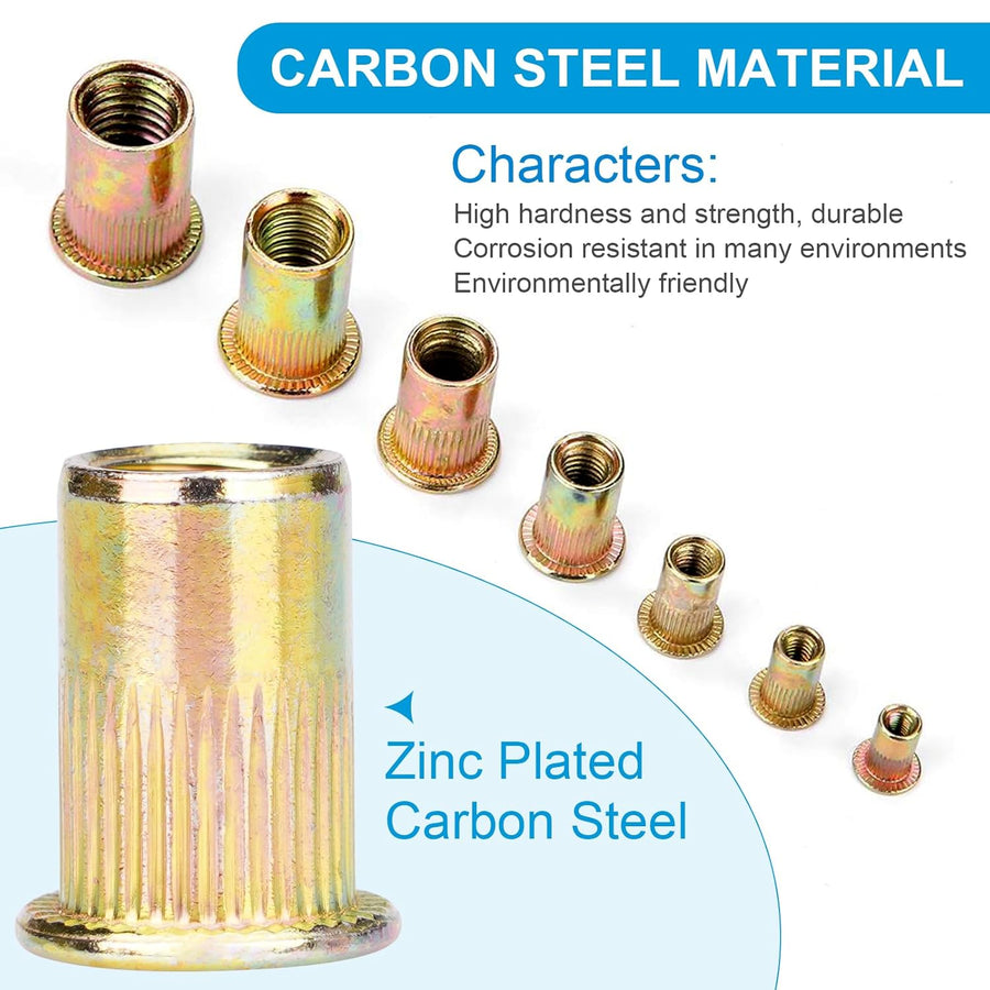 Rivet Nuts, 100Pcs M5 Rivet Nuts,Zinc Plated Finish Carbon Steel Flat Head Rivnut Threaded Insert