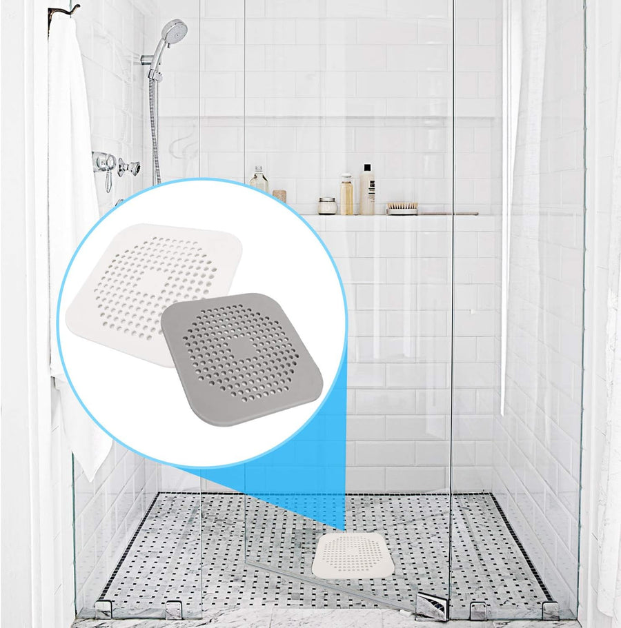 Square Drain Cover for Shower 5.7-inch TPR Drain Hair Catcher Flat Silicone Plug for Bathroom and Kitchen Filter Shower Drain Protection Flat Strainer Stopper with Suction Cups 2 Pack (Grey)