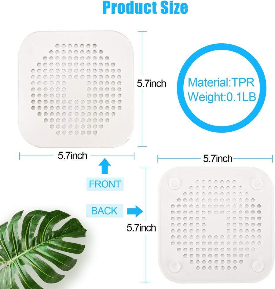 Square Drain Cover for Shower 5.7-inch TPR Drain Hair Catcher Flat Silicone Plug for Bathroom and Kitchen Filter Shower Drain Protection Flat Strainer Stopper with Suction Cups 2 Pack (White)