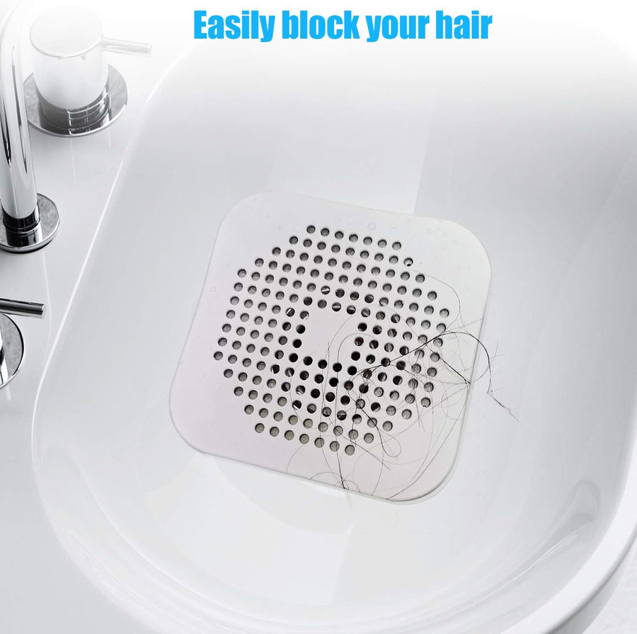 Square Drain Cover for Shower 5.7-inch TPR Drain Hair Catcher Flat Silicone Plug for Bathroom and Kitchen Filter Shower Drain Protection Flat Strainer Stopper with Suction Cups 2 Pack (White)