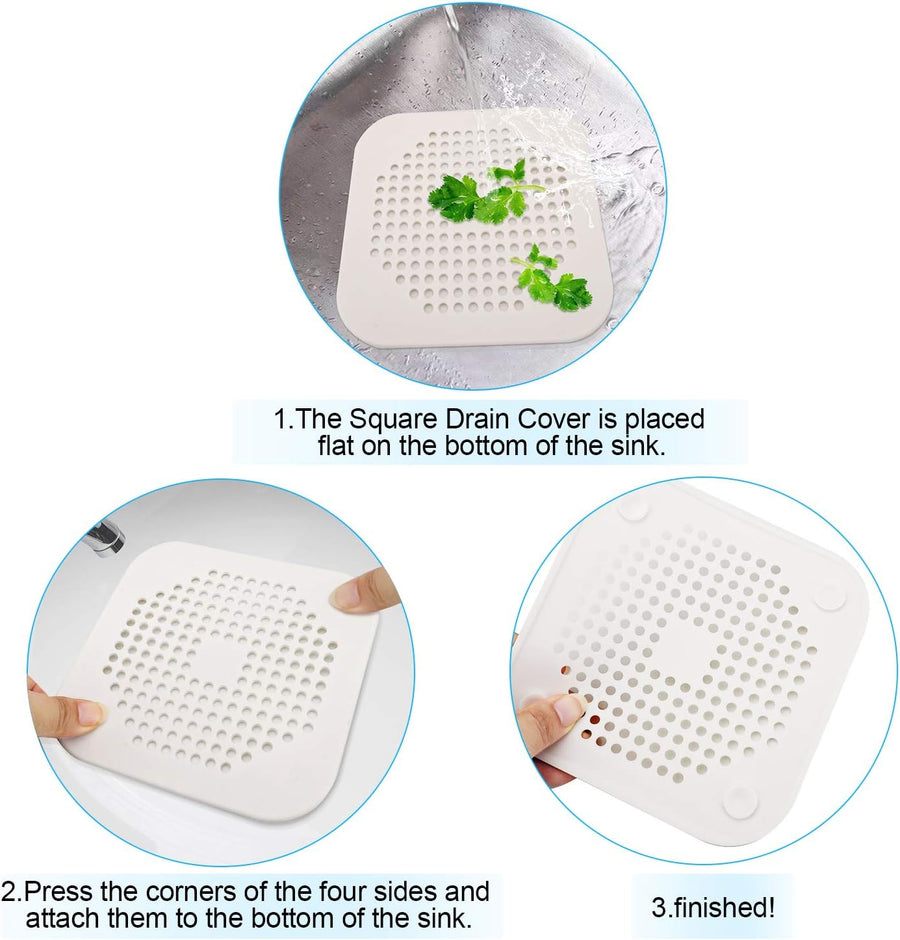 Square Drain Cover for Shower 5.7-inch TPR Drain Hair Catcher Flat Silicone Plug for Bathroom and Kitchen Filter Shower Drain Protection Flat Strainer Stopper with Suction Cups 2 Pack (White)