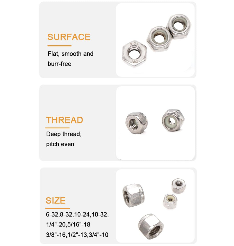 50pcs 1/4-20 Inch Nylon Inserted Self Locking Nuts - 304 Stainless Steel, 1/4" Nylock Nuts for Furniture, Tools, Handle