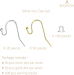 Earring Hooks 100pcs Mix Color Ball Dot Ear Wire with Rubber Backs Earwire for Jewelry Making Earring Supplies (50pcs Ear Wire Each Color and 100pcs Backs, Total 200pcs)