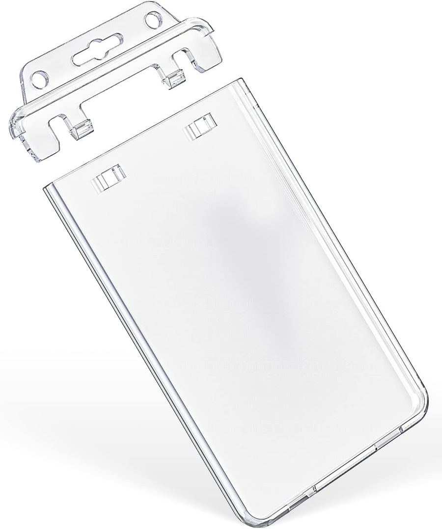 2 Pack Permanent Locking ID Badge Holder for Less Frequently Used Cards Vertical Hard Plastic Case Clear Card Protector Pouch for Passes Access Cards Student IDs Proximity RFID Key Cards
