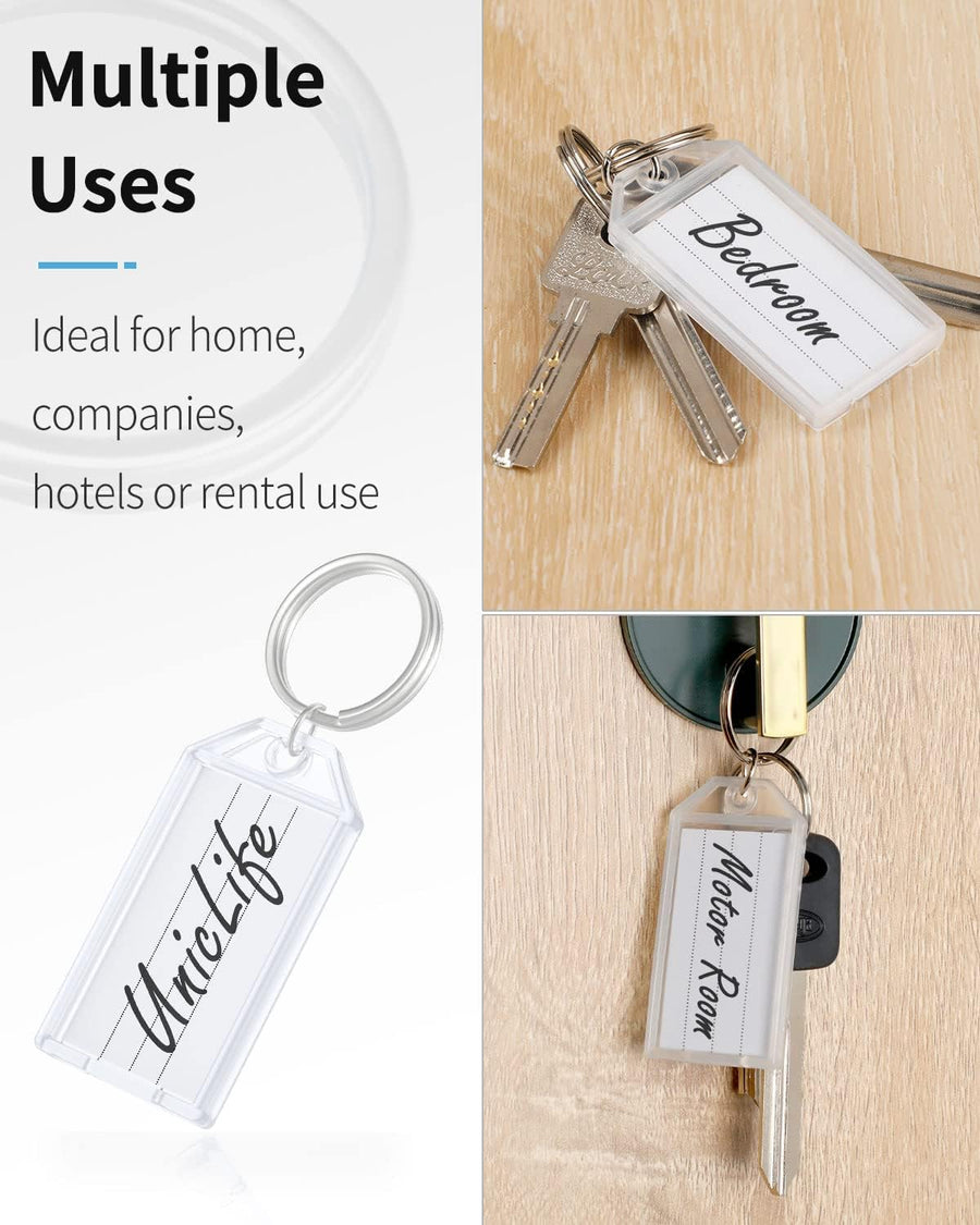 2 Inch Tough Plastic Key Tags White Item Identifiers with Blank Paper Labels Transparent Covers and Split Rings