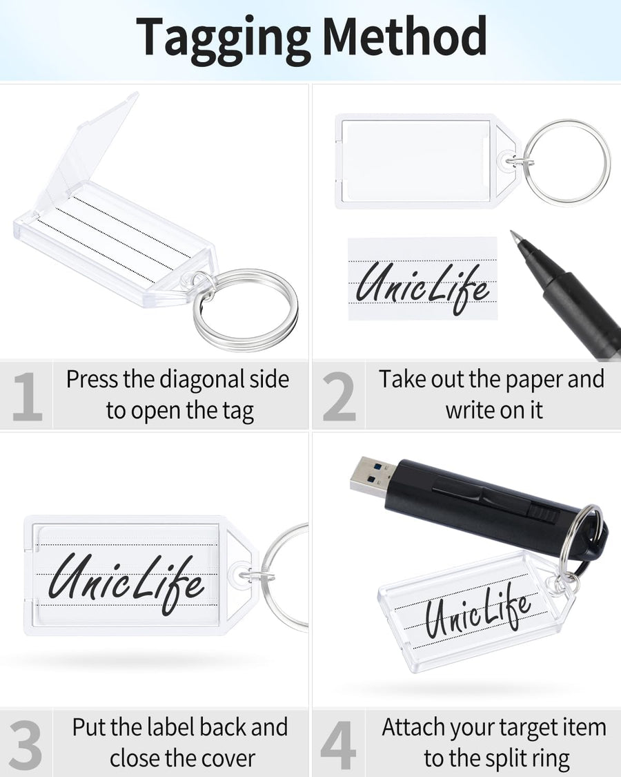 2 Inch Tough Plastic Key Tags White Item Identifiers with Blank Paper Labels Transparent Covers and Split Rings