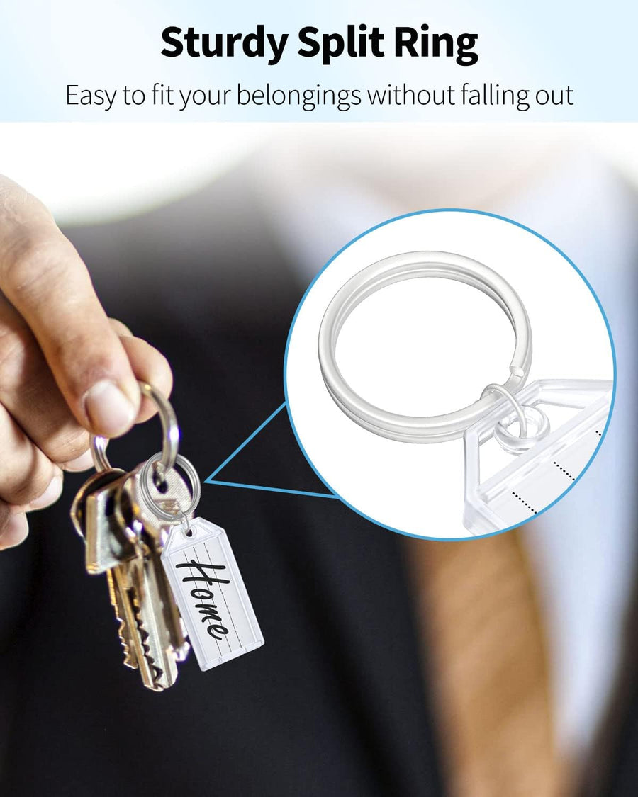 2 Inch Tough Plastic Key Tags White Item Identifiers with Blank Paper Labels Transparent Covers and Split Rings