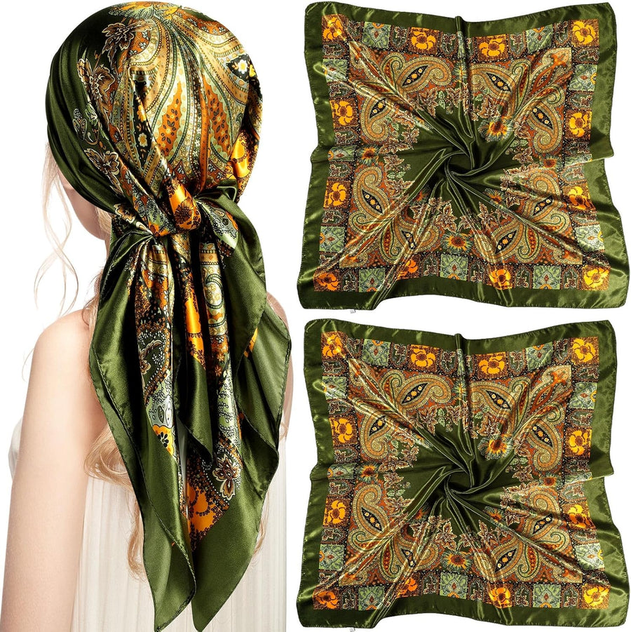 35 Inch Silky Head Scarf 2 Pcs Large Square Neck Scarf Sleeping Hair Wrapping Satin Bandana for Women