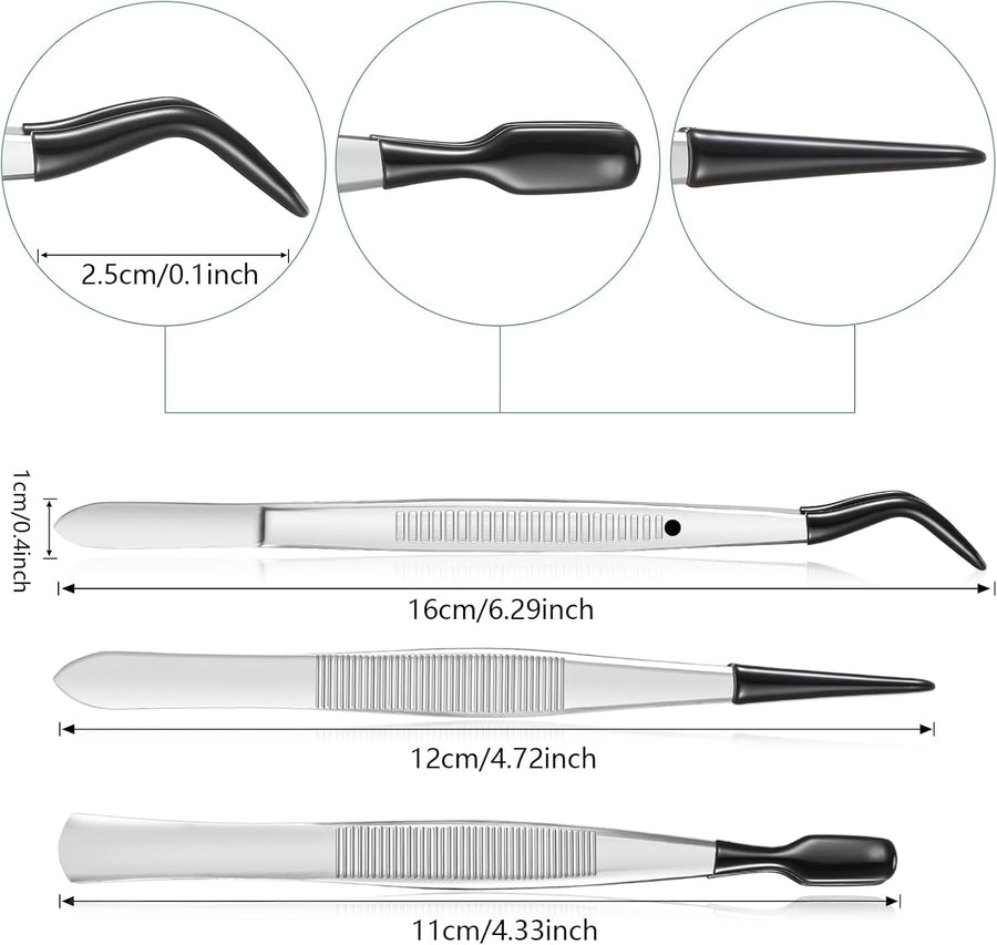 3 Pieces Tweezers with Rubber Tips PVC Coated Set Rubber Straight Flat Tip Long Bent Tweezers for Crafts Stamps Beads Jewelry Tools(Black)