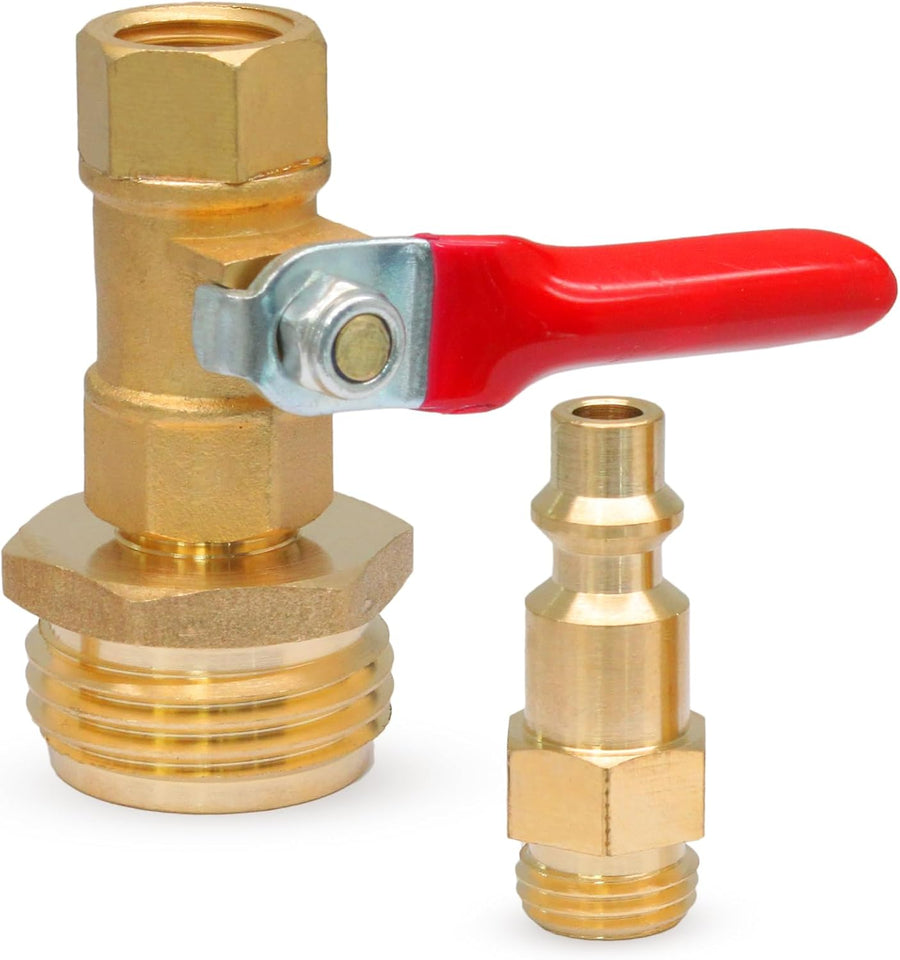 Winterize Blowout Adapter with 1/4" Quick Connect Plug and 3/4" Garden Water Hose Threading Brass Winterize Quick Adapter with Ball Valve for RV Boat Camper Trailer Sprinkler Irrigation