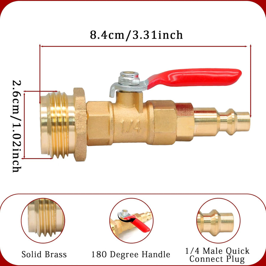 Winterize Blowout Adapter with 1/4" Quick Connect Plug and 3/4" Garden Water Hose Threading Brass Winterize Quick Adapter with Ball Valve for RV Boat Camper Trailer Sprinkler Irrigation