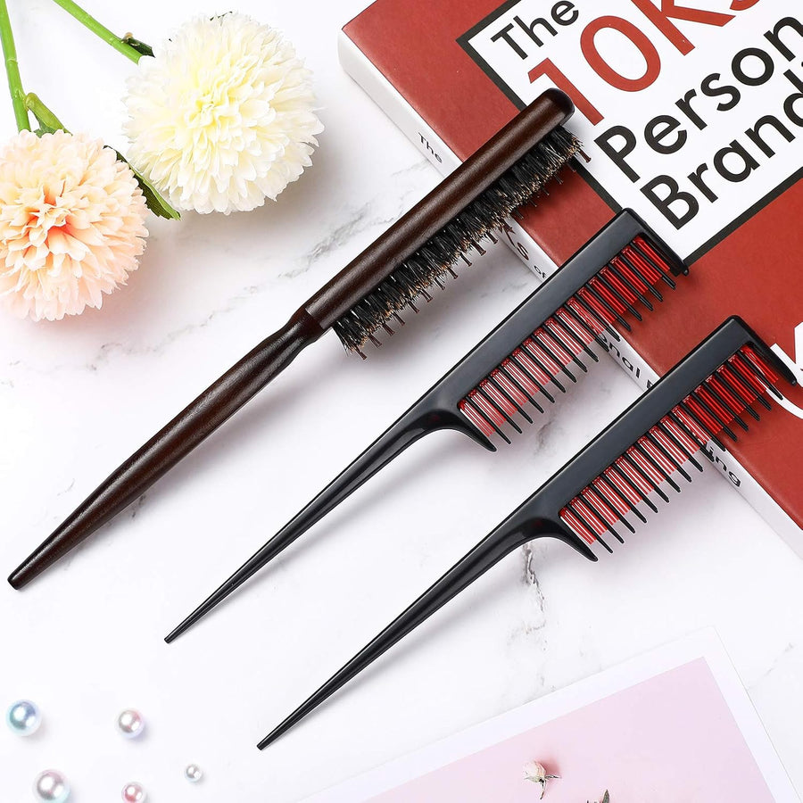 3 Pcs Hair Teasing Comb Set Includes 2 Nylon Triple Comb and Boar Bristle Teaser Brushes for Women Stylist Men Backcombing Slicking Curly Thick Wet Hair(Black)