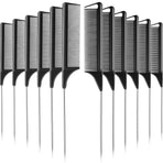 12 Pieces Rat Tail Comb Carbon Fiber Parting Set, Stainless Steel Tail Hair Comb Heat Resistant Teasing for Braid Hair Salon Home Use