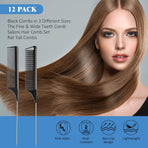 12 Pieces Rat Tail Comb Carbon Fiber Parting Set, Stainless Steel Tail Hair Comb Heat Resistant Teasing for Braid Hair Salon Home Use