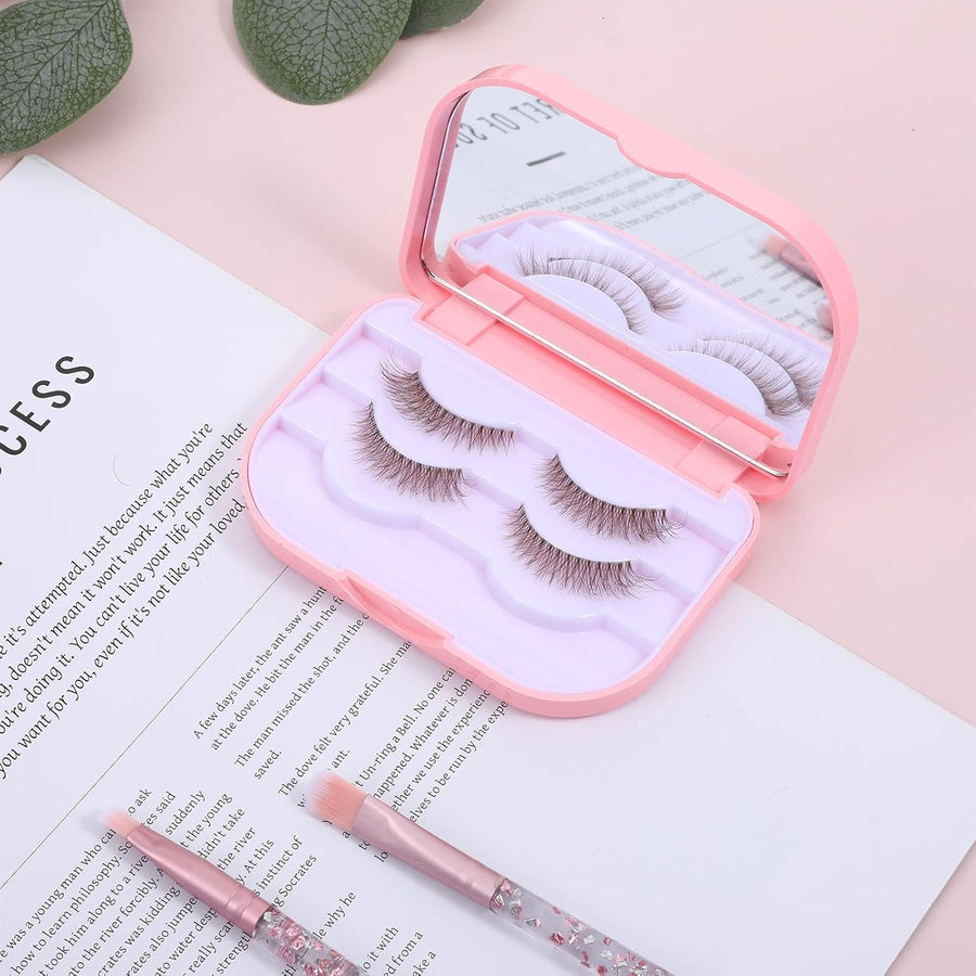 Eyelash Storage Case, 3 Layer Lash Case Makeup Storage Box with Makeup Mirror Empty Travel Cases Cosmetic Organizer Box Fake Eyelash Container Lash Packaging (Pink)