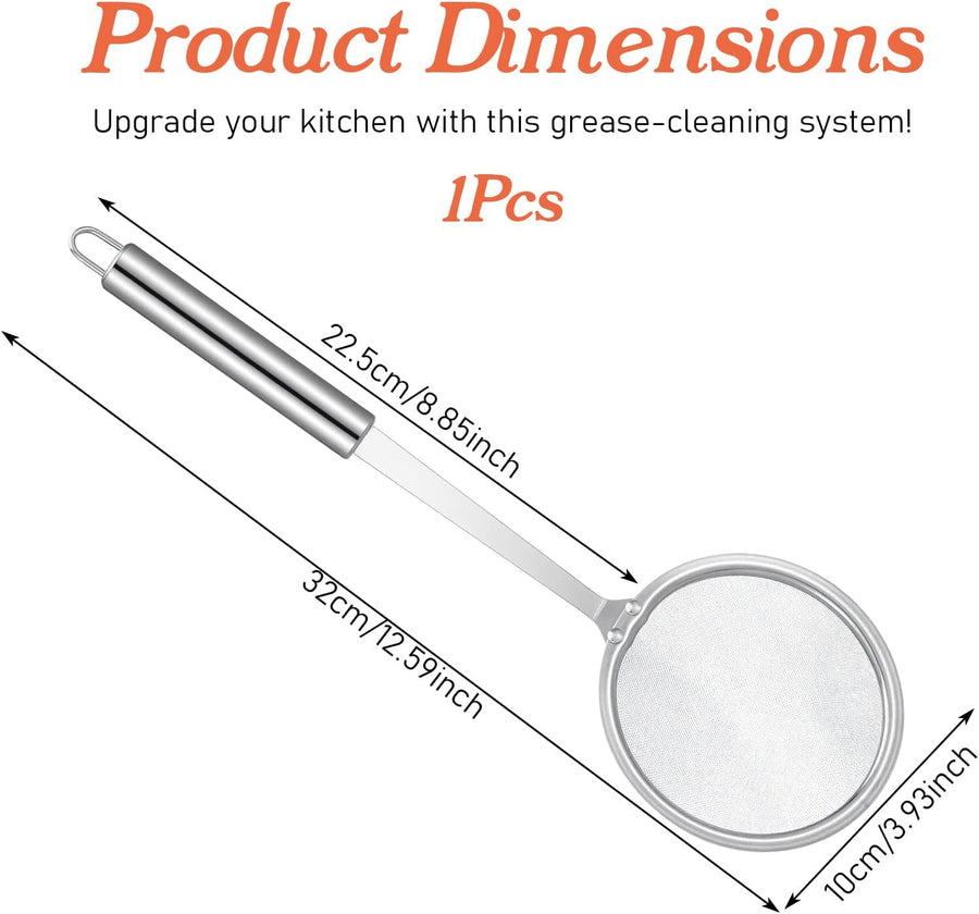 Stainless Steel Fat Skimmer Spoon 4” Fine Mesh Strainer with 9” Heat-Resistant Handle Grease Strainer Spoon Fat Separator for Cooking Frying Quinoa Soup Miso Foam Grease