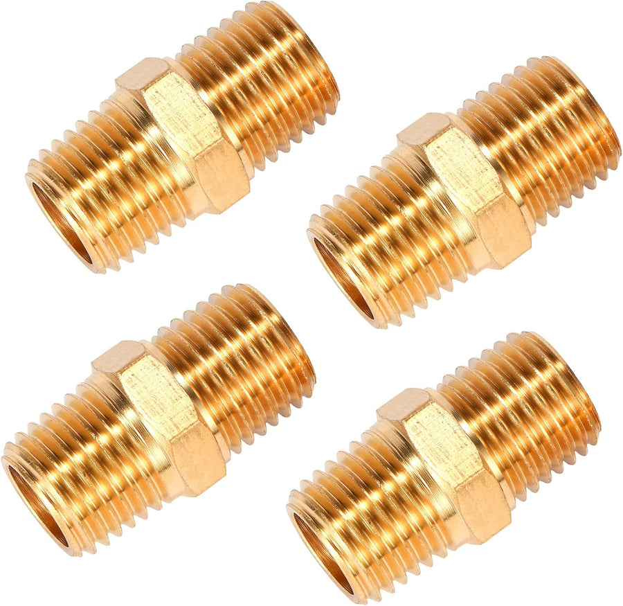 4 pcs Solid Brass Pipe Fitting, Hex Nipple, 1/4" x 1/4" NPT Male Pipe Adapter (O.D x O.D: 1/2'' x 1/2'')