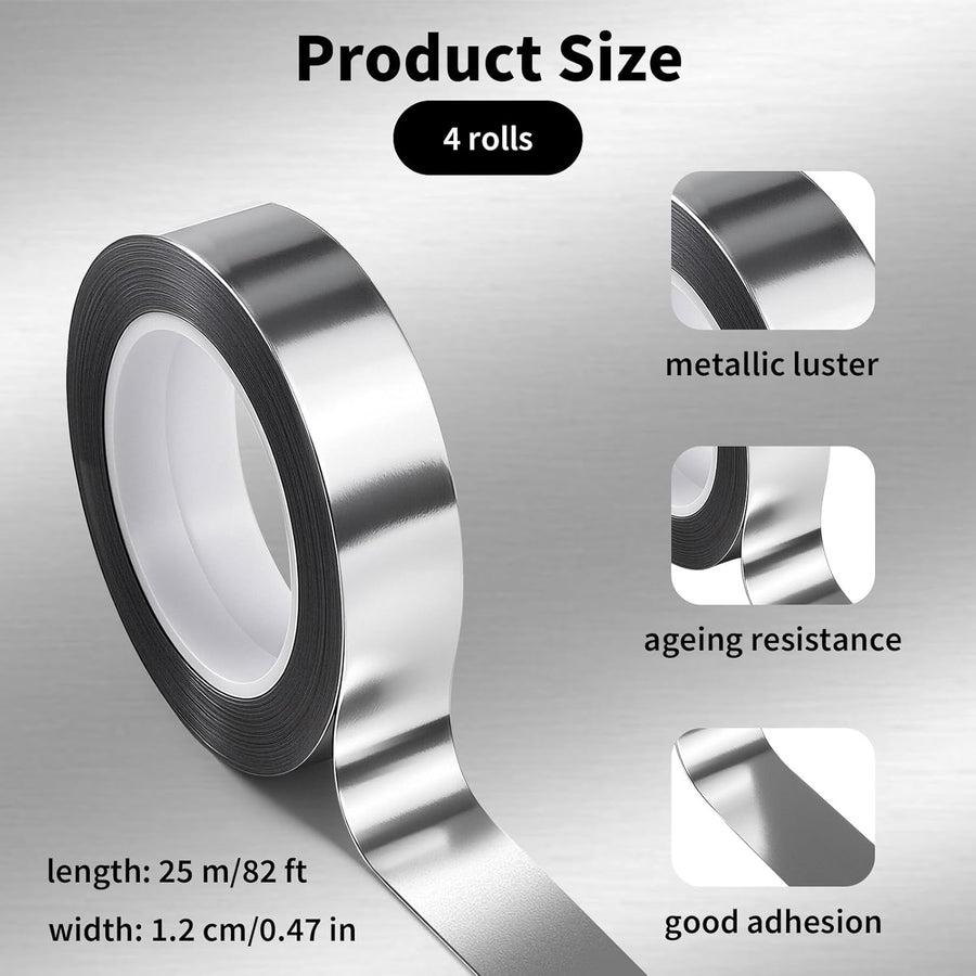 4 Rolls/110 Yard Metallic Mirror Tape - Silver 1/2'' Decorative Tapes - Self Adhesive Polyester Film Decor Tapes - DIY Graphic Art Tape - Wall Decor TV Frame Crafts Gift Box Wrapping