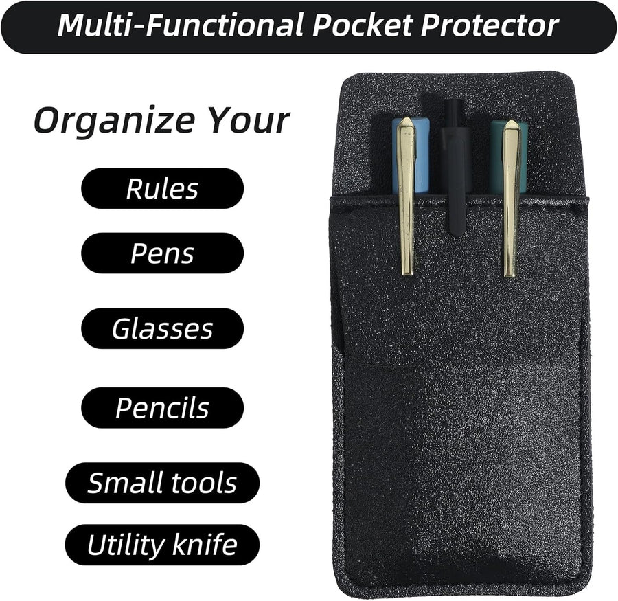 2 Pack Pocket Protector for Men Shirt, Black PU Leather Organizer Pouch Multipurpose Pocket Pen Holder for Pens Pencils & Cards Fits Shirt & Lab Coat Pockets