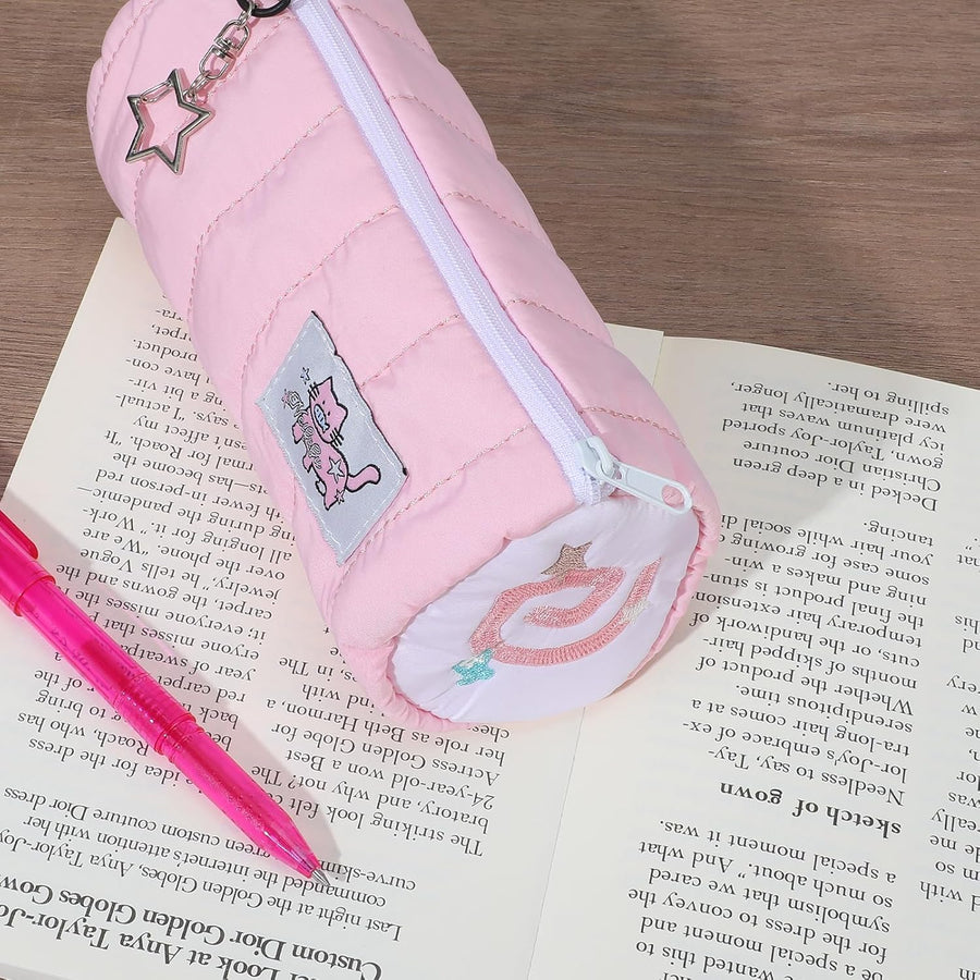 Pink Kawaii Pencil Case, Cream Roll Cartoon Large Capacity Cute Pencil Bag with Zipper, Cat Makeup Organizer Storage Box Office Stationery Nice Gift Stocking Stuffers