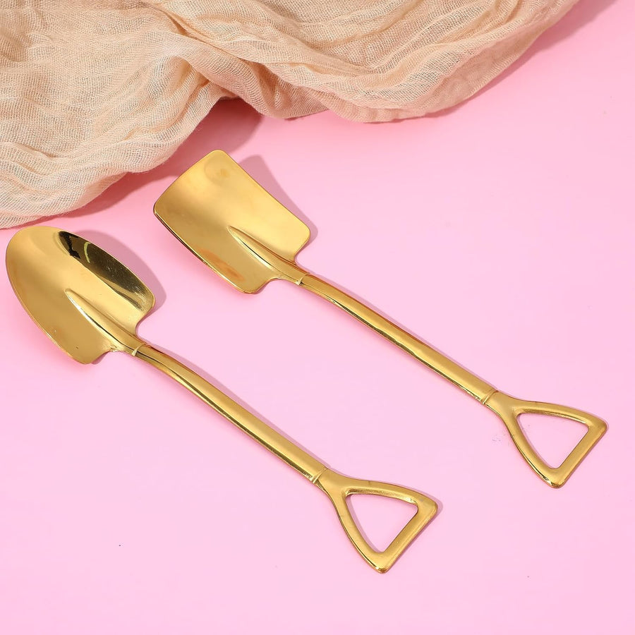 2PCS Mini Gold Shovel Spoons, Stainless Steel Shovel Spoons Square Head Pointed Reusable Spoon Set for Coffee Dessert Ice Cream Tea Appetizers New Home Couples Gift