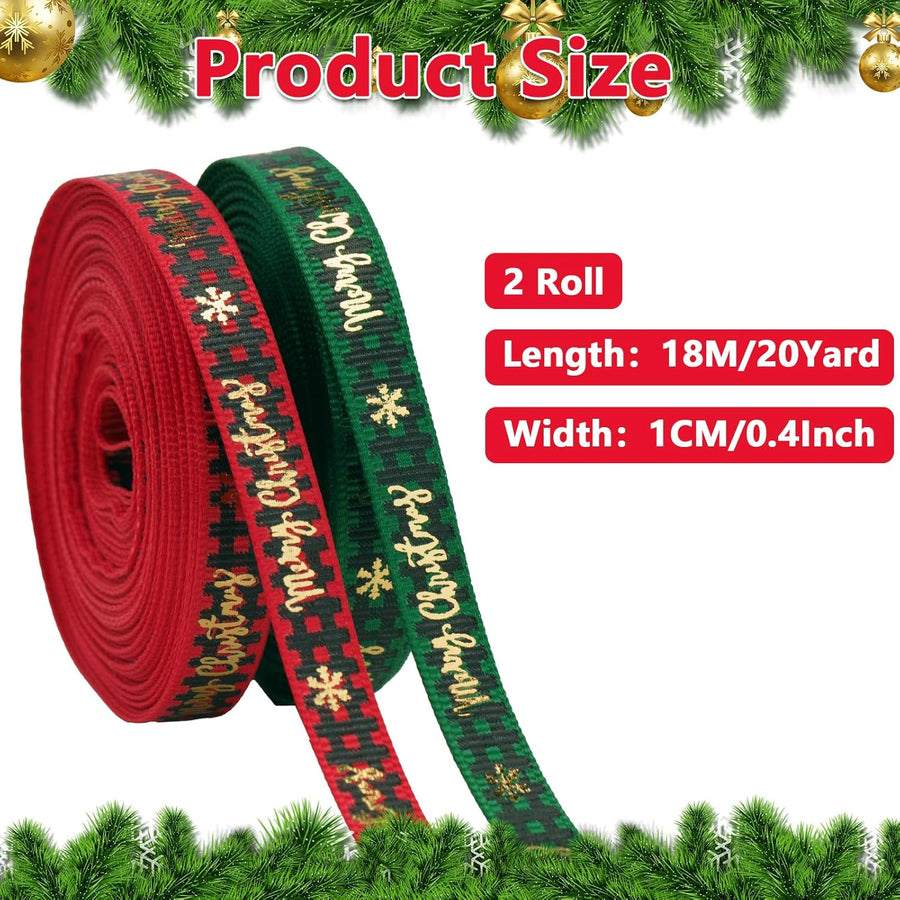 Christmas Ribbon, 3/8 Inch, 20 Yard, Red and Green Merry Wrapping Ribbon for Craft Wreath Decor Bow Flower Bouquet (2 Roll)