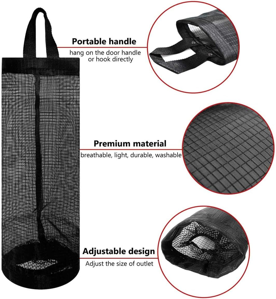 2 Pcs Plastic Bag Holder Trash Bags Storage Dispenser Organizer for Home Kitchen Mesh Hanging Dispensers Recycling Garbage Folding Grocery with Hooks (Black)