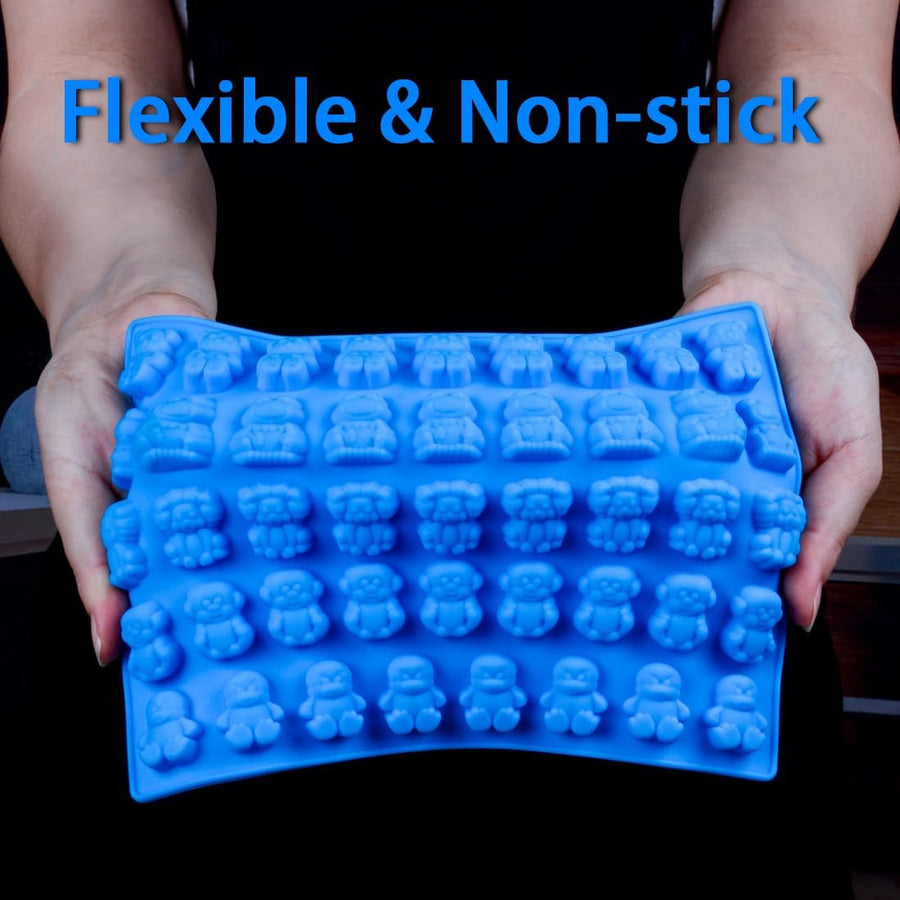 Silicone Candy Gummy Bear Molds - Chocolate Molds Including Bears, Frogs, Lions, Monkeys, Penguins Gummie Molds Premium Silicone, Pack of 4 with 2 Droppers