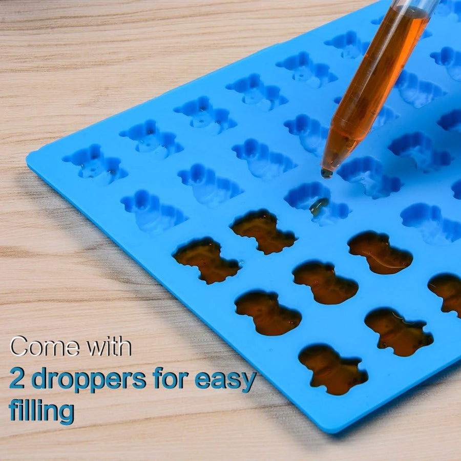 Silicone Candy Gummy Bear Molds - Chocolate Molds Including Bears, Frogs, Lions, Monkeys, Penguins Gummie Molds Premium Silicone, Pack of 4 with 2 Droppers